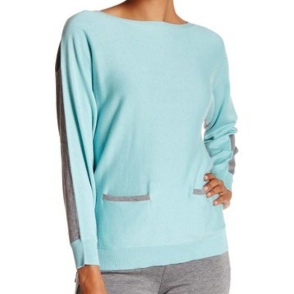 Vince Camuto Colorblock Boatneck Knit Sweater Size Large Blue Gray Front Pockets - Picture 1 of 6